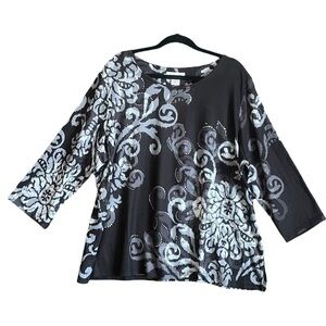 Allison Daley Embellished Abstract 3/4 Sleeve Crew Neck Knit Top